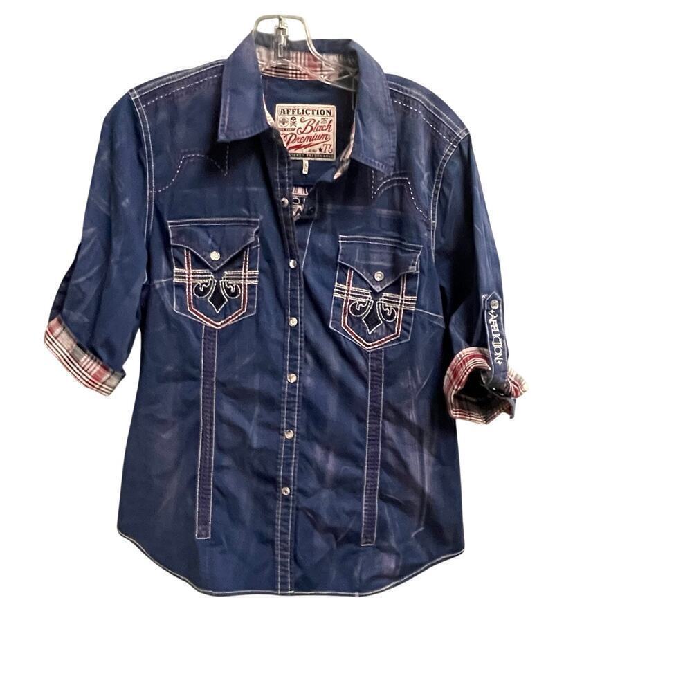 Affliction Black Premium Size Large Crystal Snap Embroidered Cross Shirt